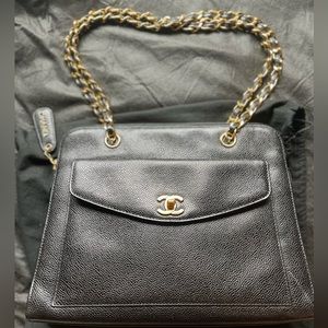 CHANEL Vintage Black Caviar Front Flap Chain Shoulder Bag
